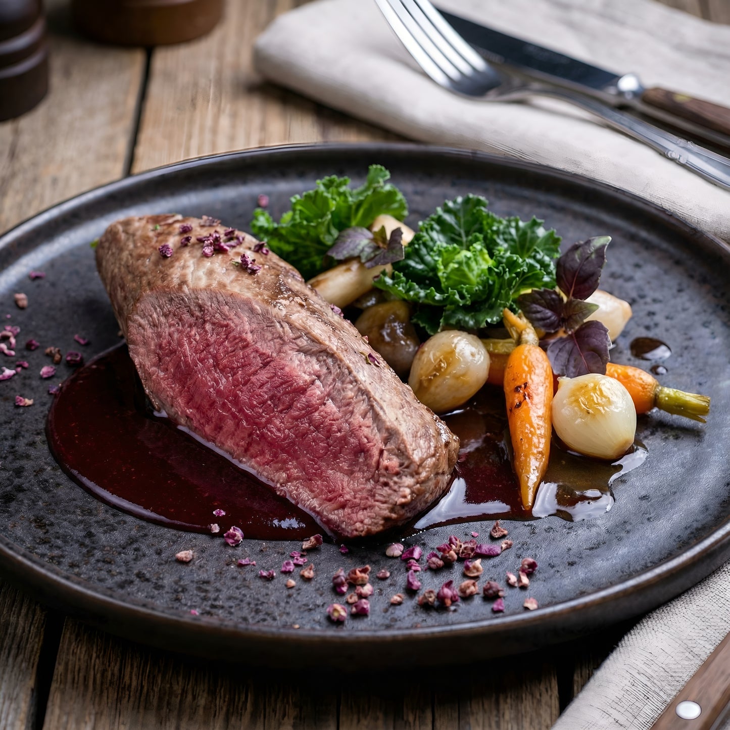 Saftiges Hirschfilet in roter Sauce, serviert mit glasierten Karotten, Zwiebeln und frischem Grün für ein edles Wildgericht