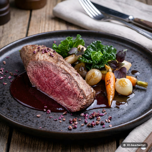 Saftiges Hirschfilet in roter Sauce, serviert mit glasierten Karotten, Zwiebeln und frischem Grün für ein edles Wildgericht