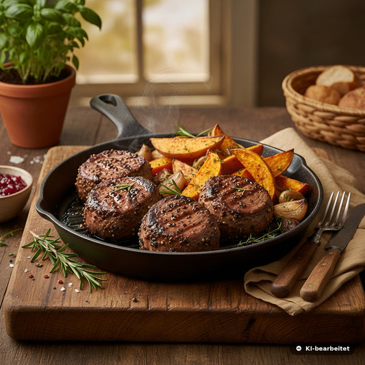 Vier saftige Hirschsteaks mit Pfefferkruste in einer gusseisernen Pfanne, serviert mit goldbraunen Ofenkartoffeln, Kräutern und Preiselbeeren – hochwertig angerichtetes Wildgericht auf Holztisch.