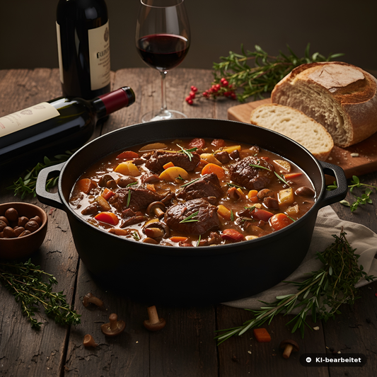 Gusseiserner Schmortopf mit saftigem Premium Hirschgulasch, Wurzelgemüse und Kräutern auf rustikalem Holztisch, begleitet von Rotwein und Brot – hochwertiges Wildgericht von Weidewild.