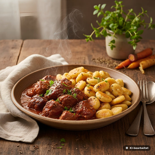 Zart geschmortes Reh-Gulasch in würziger Sauce mit goldbraunen Gnocchi, ein herzhaftes Wildgericht voller Aroma