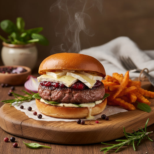 Saftiger Rehburger mit geschmolzenem Camembert, Preiselbeersauce und knusprigen Süßkartoffel-Pommes, edel serviert