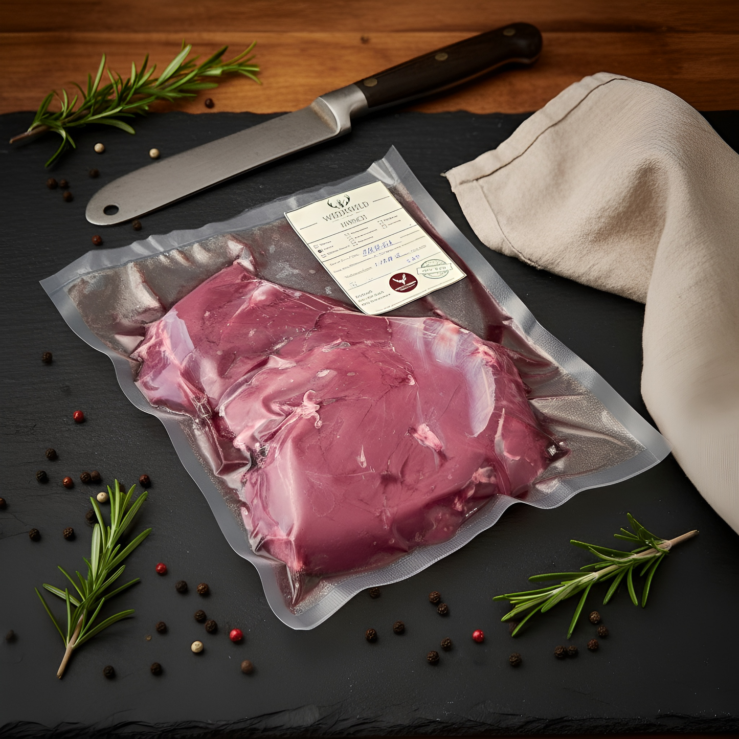 Vakuumverpackter Hirschbraten von Weidewild auf Schieferplatte, mit Küchenmesser, Rosmarinzweigen und Pfefferkörnern – frisches Wildfleisch aus nachhaltiger Jagd.