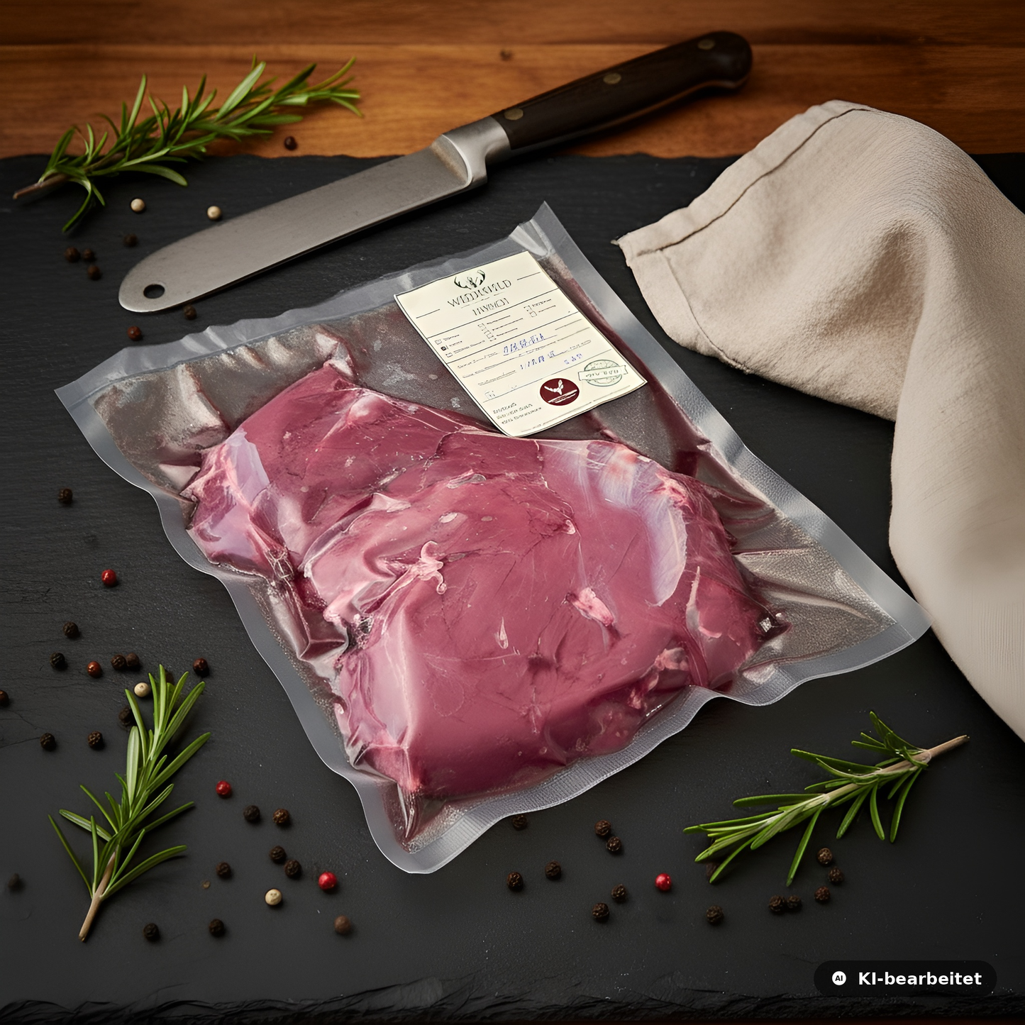 Vakuumverpackter Hirschbraten von Weidewild auf Schieferplatte, mit Küchenmesser, Rosmarinzweigen und Pfefferkörnern – frisches Wildfleisch aus nachhaltiger Jagd.