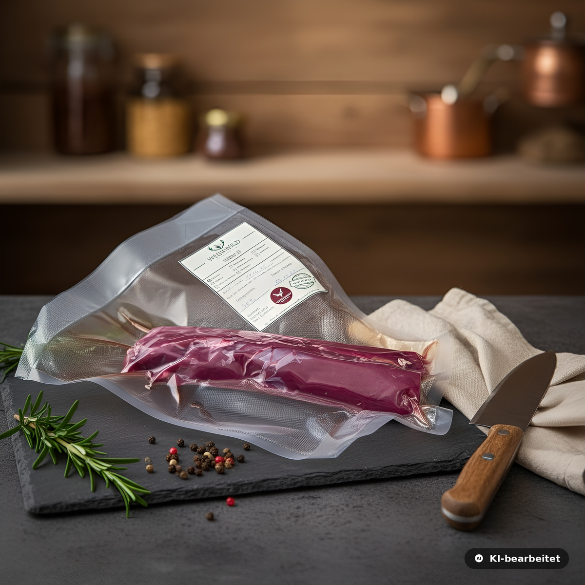 Vakuumverpackter Hirschrücken von Weidewild auf schwarzer Schieferplatte, mit Küchenmesser, Rosmarin und Pfefferkörnern arrangiert – frisches 800 g Premium Wildfleisch aus regionaler Jagd.