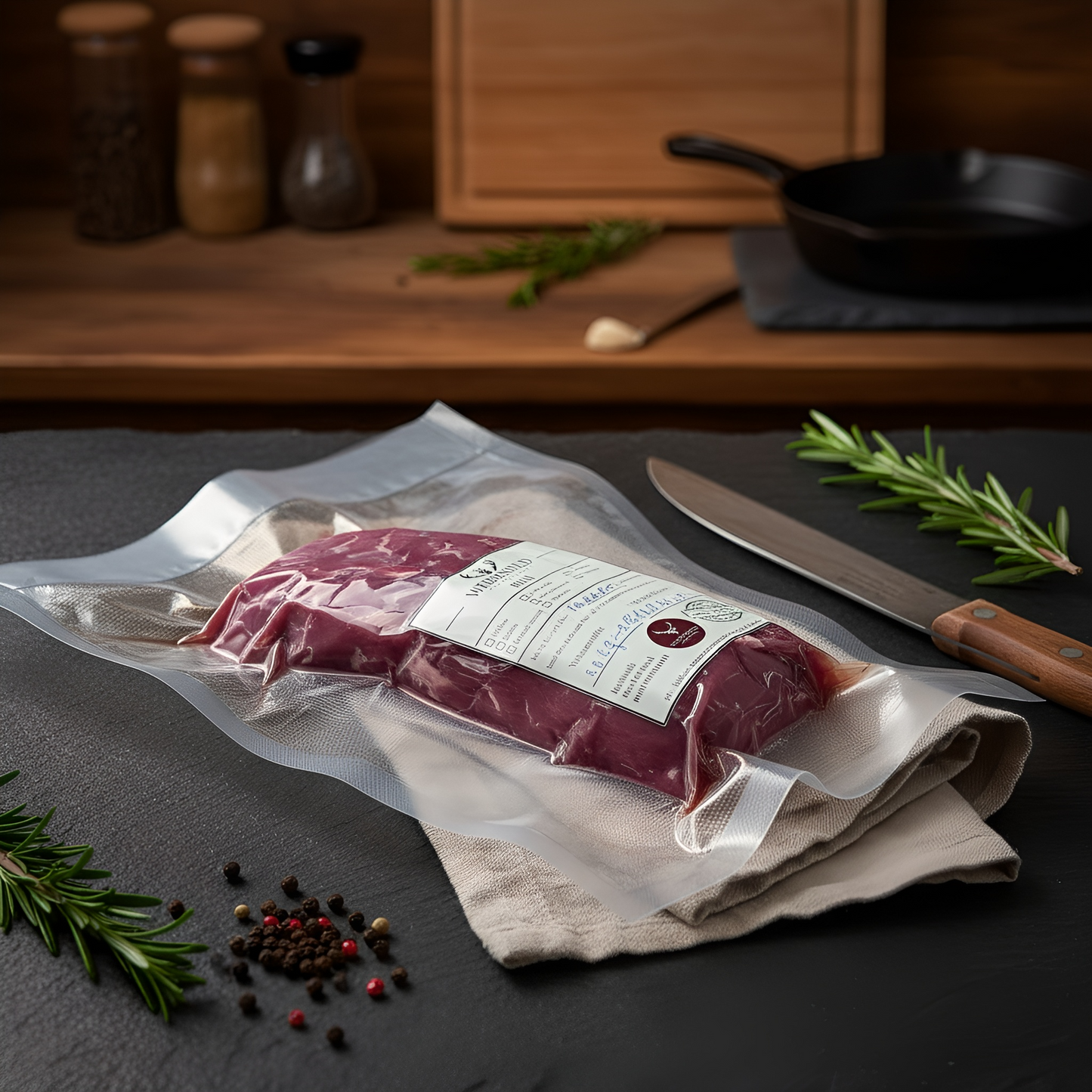 Vakuumverpackter Rehrücken von Weidewild auf schwarzer Schieferplatte, mit Küchenmesser, Rosmarin und Pfefferkörnern dekoriert – frisches, regionales Wildfleisch in nachhaltiger Verpackung.