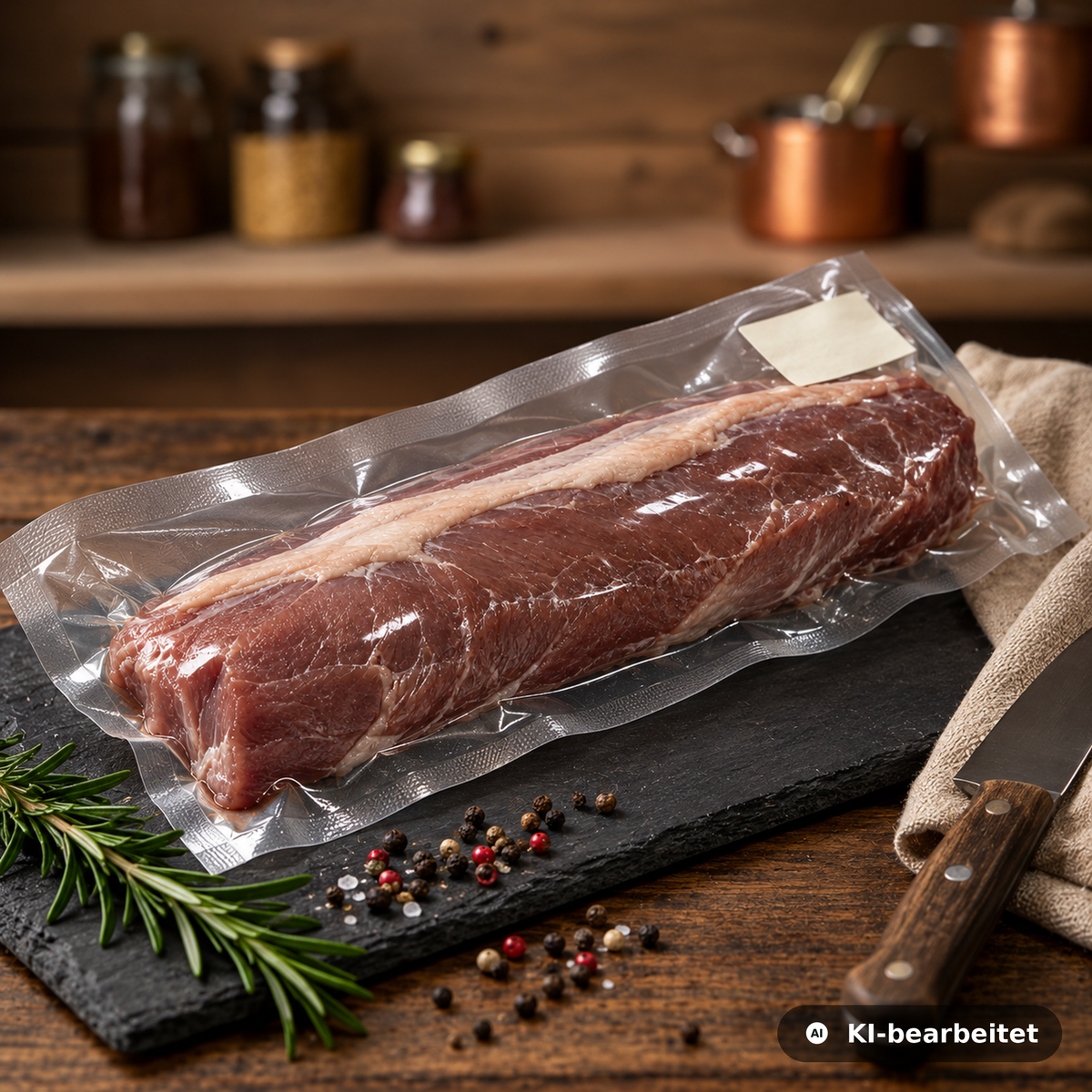 Vakuumverpackter Wildschweinrücken natur von Weidewild am Stück auf Schieferplatte, mit Küchenmesser, Rosmarin und Pfefferkörnern – ausgelöster Rückenstrang vom Jäger.