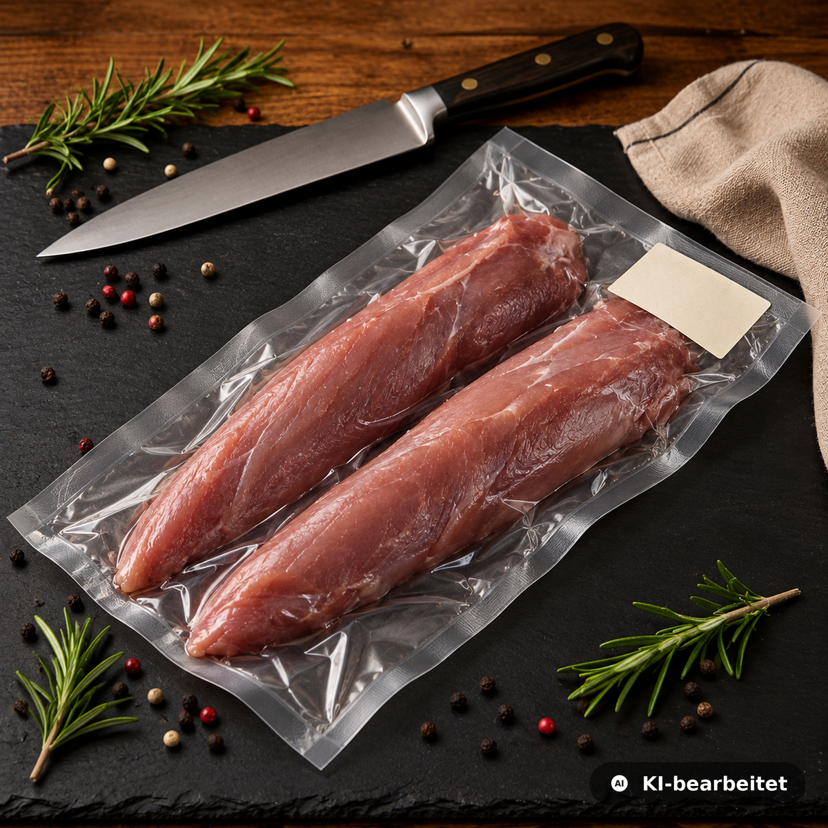 Zwei vakuumverpackte Wildschweinfilets von Weidewild auf Schieferplatte, mit Küchenmesser, Rosmarinzweigen und Pfefferkörnern – zarte Lende vom Jäger am Stück.