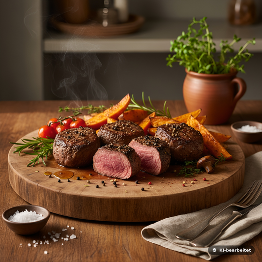 Saftig rosa gebratene Hirschsteaks aus dem Weidewild Kennenlernpaket, serviert mit Ofenkartoffeln, Rosmarin, Thymian und Kirschtomaten auf rustikalem Holzbrett – feines Wildgericht aus regionaler Jagd.
