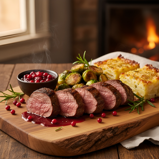 Saftig rosa gebratener Rehrücken in Scheiben geschnitten, serviert mit cremigem Kartoffelgratin, gebratenem Rosenkohl und Preiselbeersauce auf rustikalem Holzbrett – edles Wildgericht aus der Weidewild Gourmetküche.