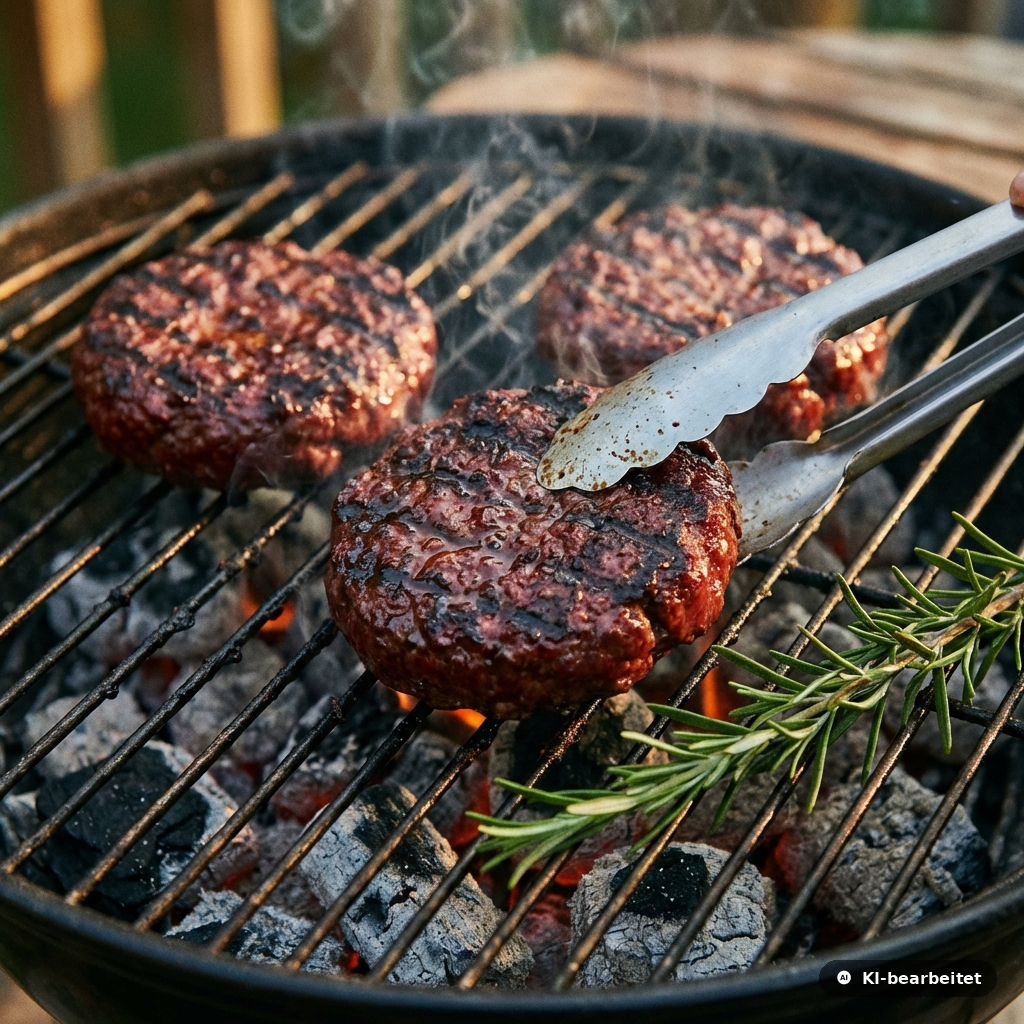 Hirsch-Burger-Patties auf dem Grill mit perfekten Grillstreifen – handgeformte Wild-Patties vom Jäger aus den Bayerischen Staatsforsten von Weidewild.