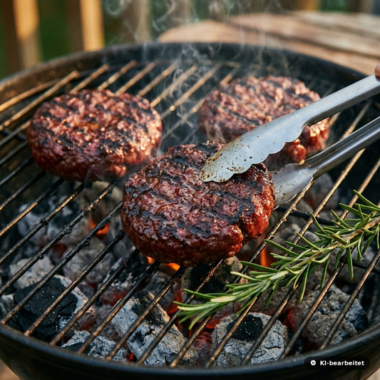 Hirsch-Burger-Patties auf dem Grill mit perfekten Grillstreifen – handgeformte Wild-Patties vom Jäger aus den Bayerischen Staatsforsten von Weidewild.