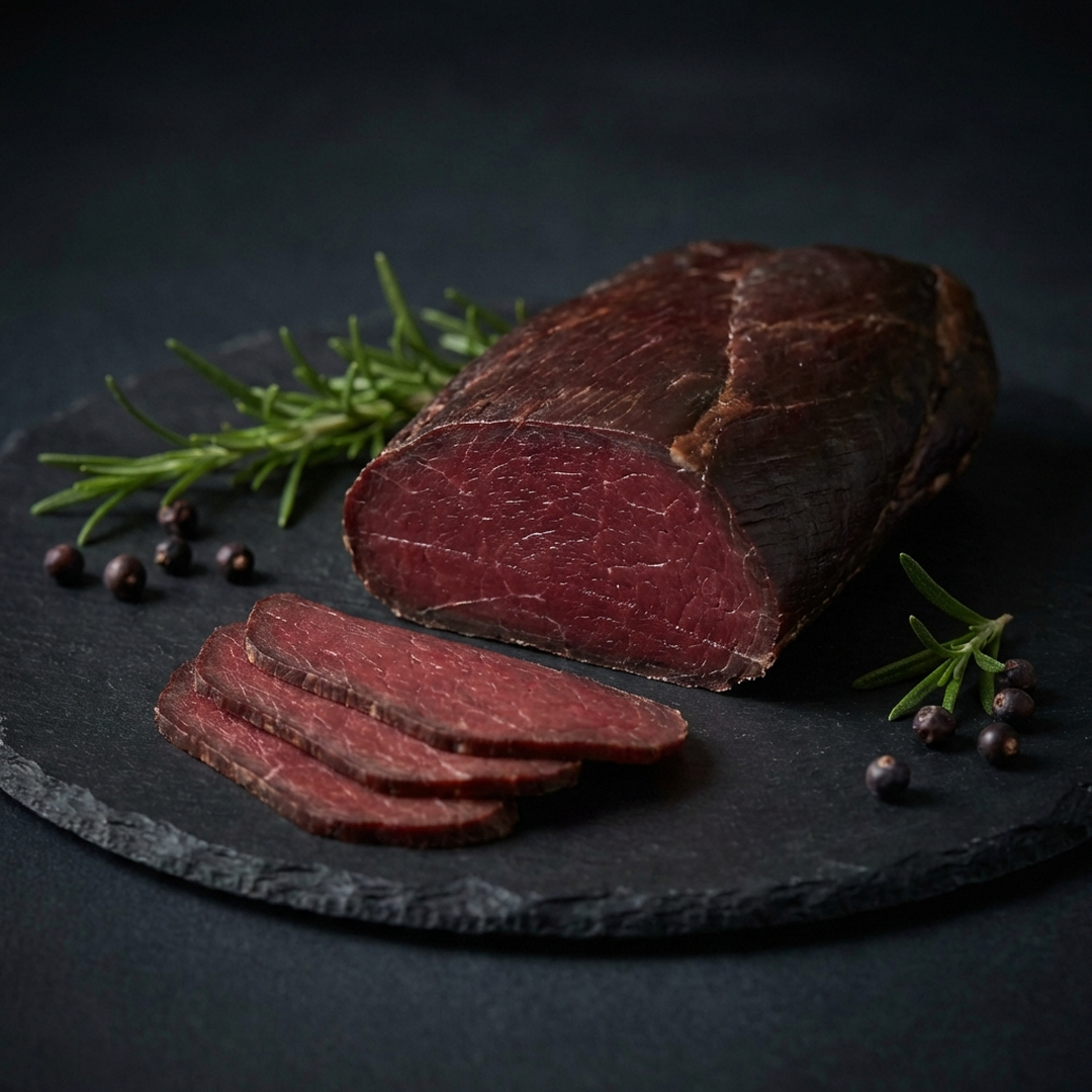 Hirschschinken aufgeschnitten – mageres Wildfleisch