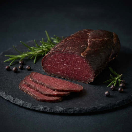 Hirschschinken aufgeschnitten – mageres Wildfleisch