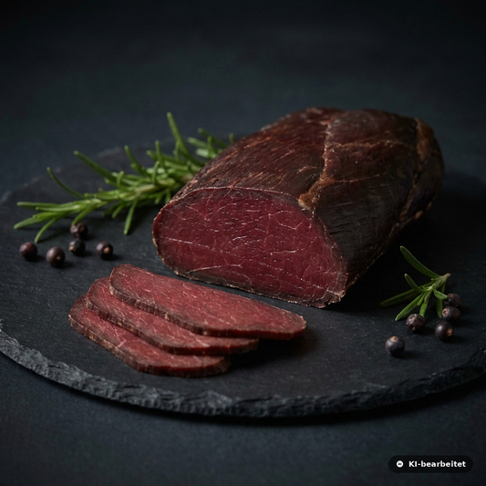 Hirschschinken aufgeschnitten – mageres Wildfleisch