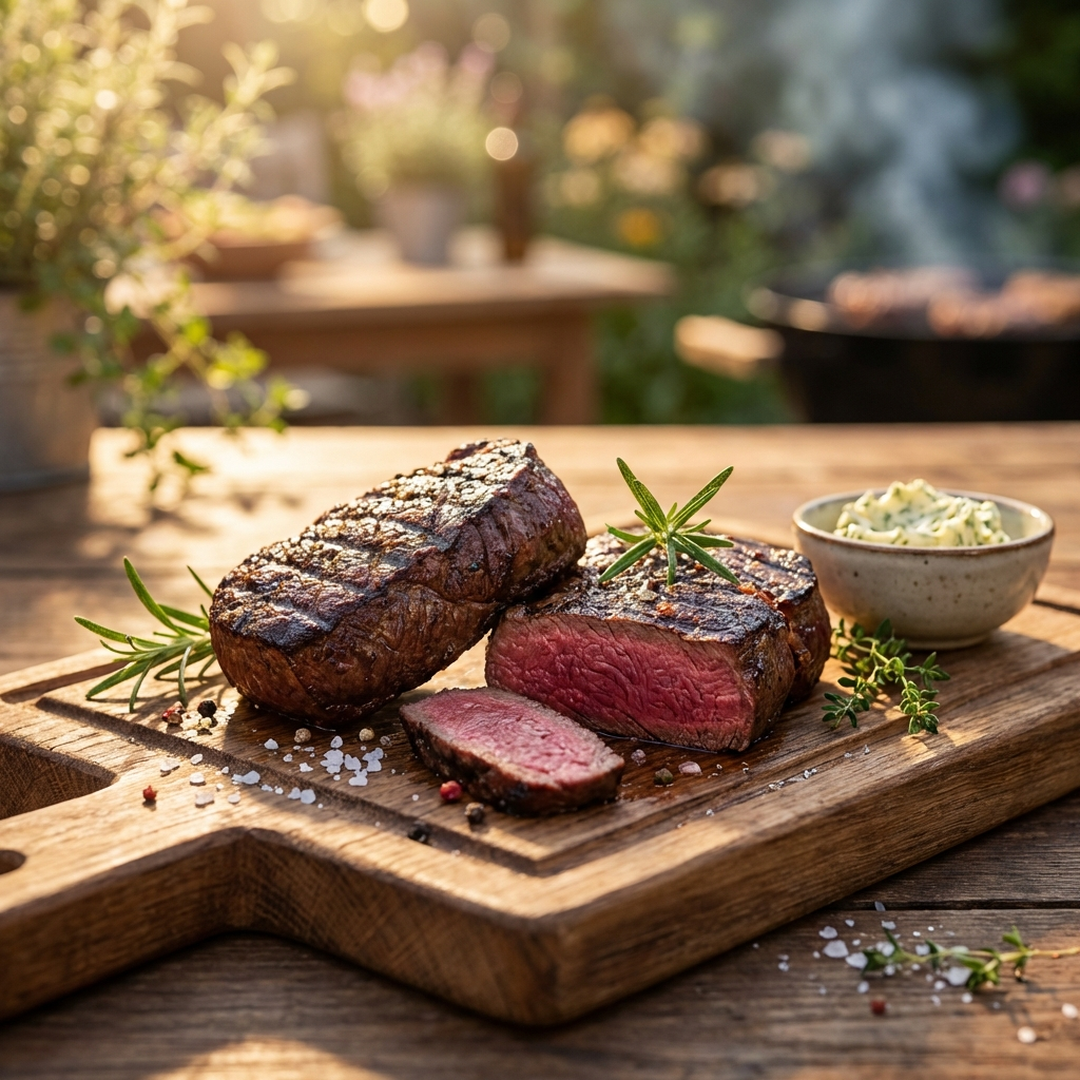 Hirschsteaks auf dem Grill mit Grillstreifen – mageres Wild-Steak aus bayerischem Rotwild von Weidewild.