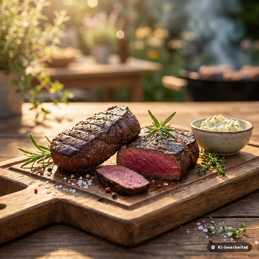 Hirschsteaks auf dem Grill mit Grillstreifen – mageres Wild-Steak aus bayerischem Rotwild von Weidewild.
