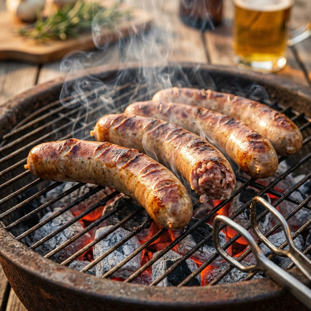 Wild-Bratwurst vom Hirsch auf dem Grill mit goldbraunen Grillstreifen