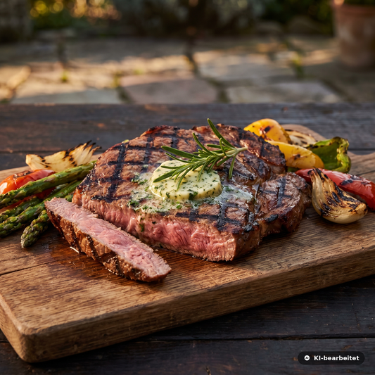 Wildschwein-Nackensteak medium gegrillt mit Grillmarks – marmorierter Cut vom Schwarzwild aus den Bayerischen Staatsforsten von Weidewild.