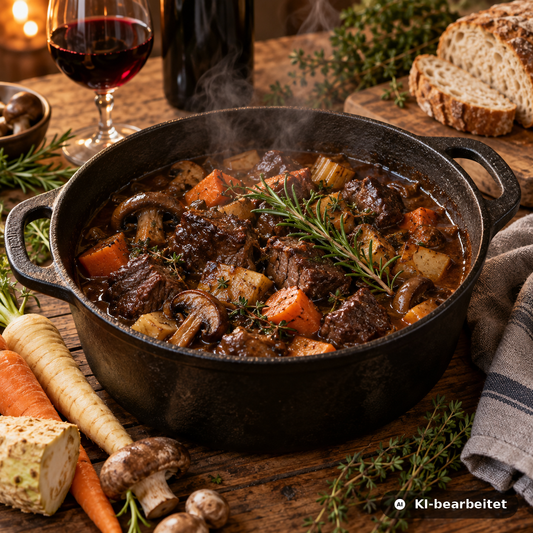 Fertig geschmortes Wildschweingulasch im gusseisernen Topf mit Wurzelgemüse, Waldpilzen und Rosmarin, dazu Rotwein und Bauernbrot