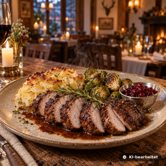Aufgeschnittener Wildschweinrücken als Medaillons auf dem Teller mit Kartoffelgratin, Rosenkohl und Preiselbeeren