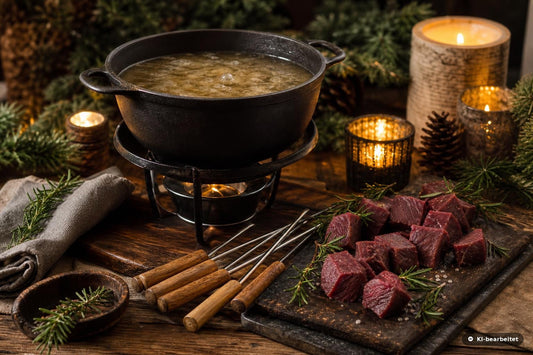 Fleischfondue mit Wildfleisch – festlich gedeckter Tisch mit Fonduetopf und rohen Wildfleischwürfeln