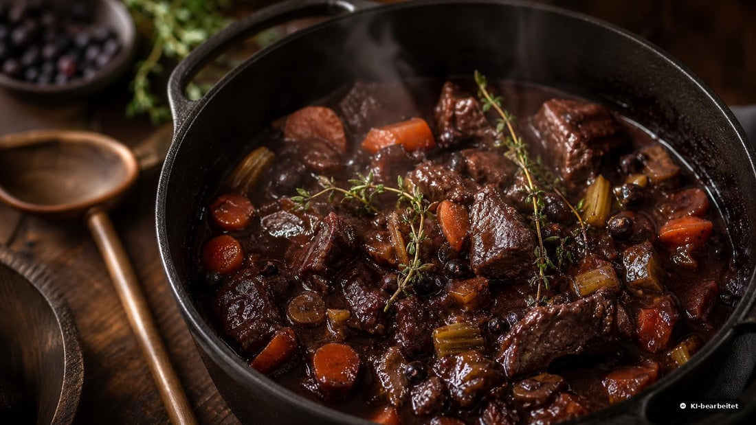 Dampfendes Hirschragout mit Rotweinsauce und Wurzelgemüse im gusseisernen Schmortopf