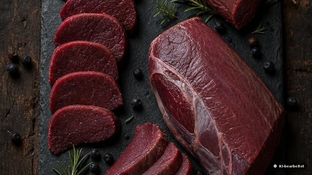 Rohe dunkelrote Wild-Edelstücke – Hirschfilet-Medaillons und Rehrücken – auf dunkler Schieferplatte mit Rosmarin und Wacholderbeeren