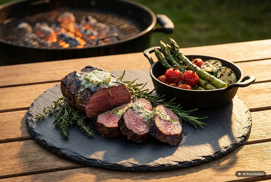 Rehrücken vom Grill – rosa mit Kräuterbutter