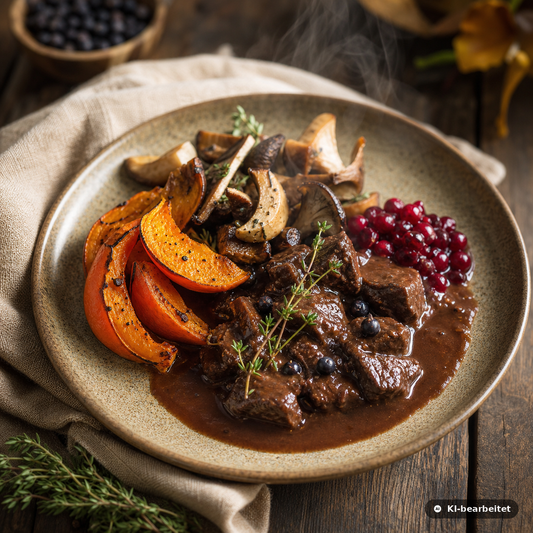 Herbstliches Rehragout mit Kürbis, Waldpilzen und Rotwein-Sauce