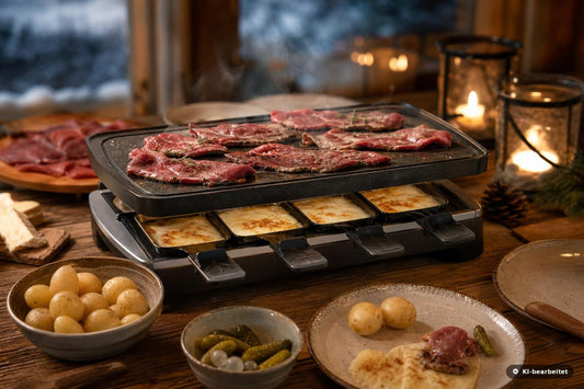 Raclette mit dünnen Wildfleischscheiben auf dem Raclettegrill mit Kartoffeln und Cornichons