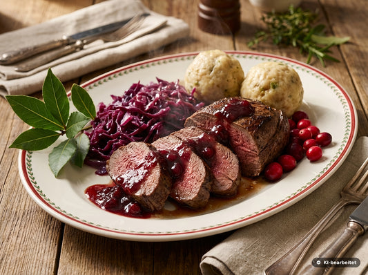 Zart rosa Hirschbraten mit aromatischer Preiselbeersauce, Rotkohl und lockeren Klößen wie beim traditionellen Sonntagsessen