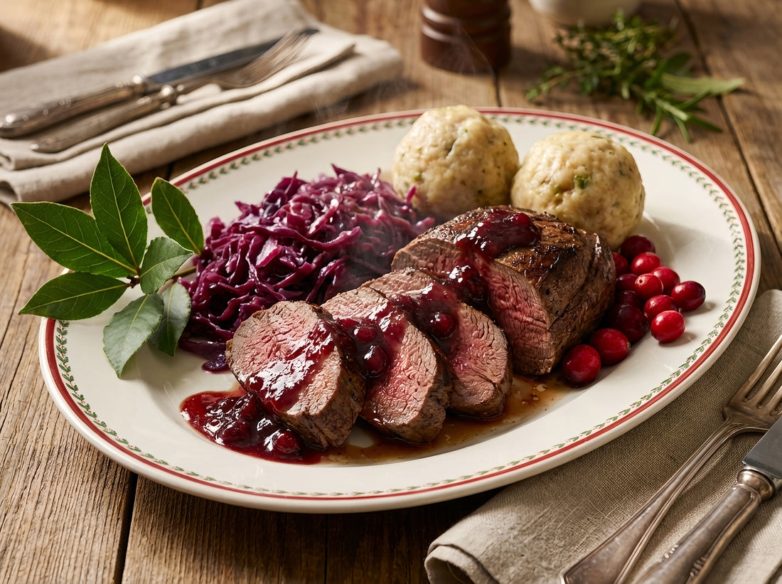 Zart rosa Hirschbraten mit aromatischer Preiselbeersauce, Rotkohl und lockeren Klößen wie beim traditionellen Sonntagsessen