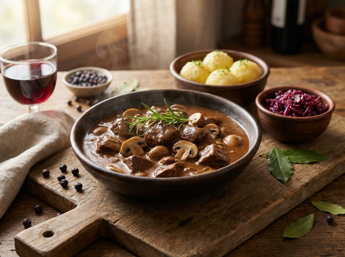 Kräftiges Hirschgulasch mit Champignons und Rosmarin in rustikaler Schale, serviert mit Kartoffelknödeln und Rotkraut