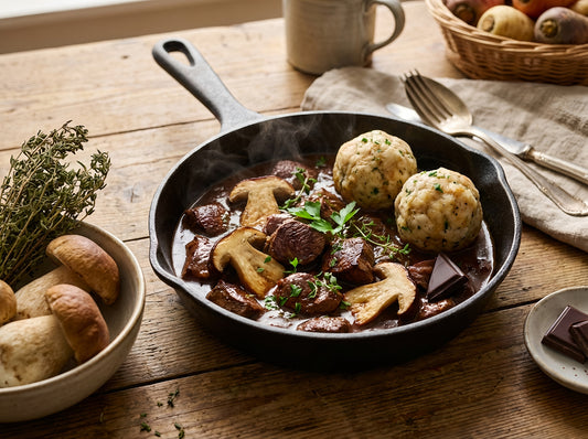 Aromatisches Hirschgulasch mit frischen Steinpilzen, dunkler Sauce und zwei fluffigen Kräuterknödeln in gusseiserner Pfanne serviert