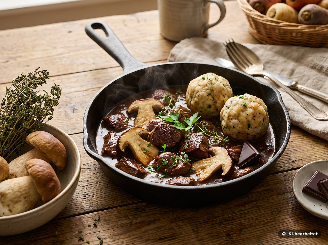 Aromatisches Hirschgulasch mit frischen Steinpilzen, dunkler Sauce und zwei fluffigen Kräuterknödeln in gusseiserner Pfanne serviert