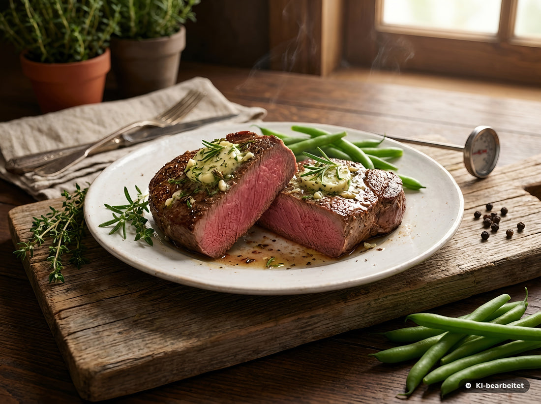 Zart rosa gebratenes Hirschsteak mit aromatischer Kräuterbutter und grünen Bohnen auf rustikaler Holzplatte serviert