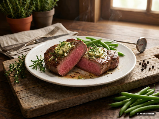 Zart rosa gebratenes Hirschsteak mit aromatischer Kräuterbutter und grünen Bohnen auf rustikaler Holzplatte serviert