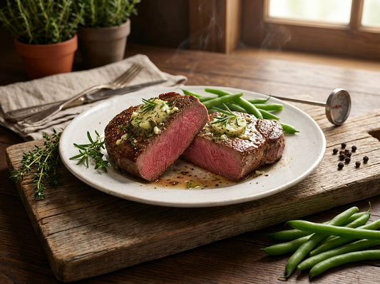 Zart rosa gebratenes Hirschsteak mit aromatischer Kräuterbutter und grünen Bohnen auf rustikaler Holzplatte serviert