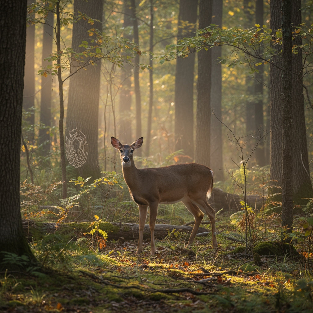 Reh steht im warmen Morgenlicht zwischen Bäumen und Farn im herbstlichen Wald – Symbol für natürliches Wildfleisch