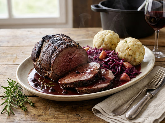 Saftiger Rehbraten in dunkler Beerenjus, serviert mit aromatischem Rotkraut und lockeren Knödeln für ein festliches Wildgericht