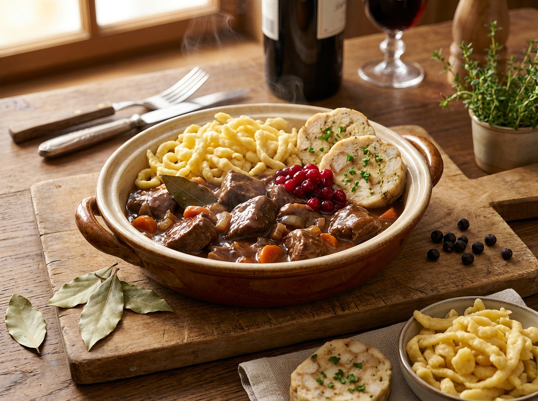 Zart geschmortes Rehgulasch mit Wurzelgemüse, Spätzle und Preiselbeeren, serviert in rustikaler Schale mit Kräuterknödeln