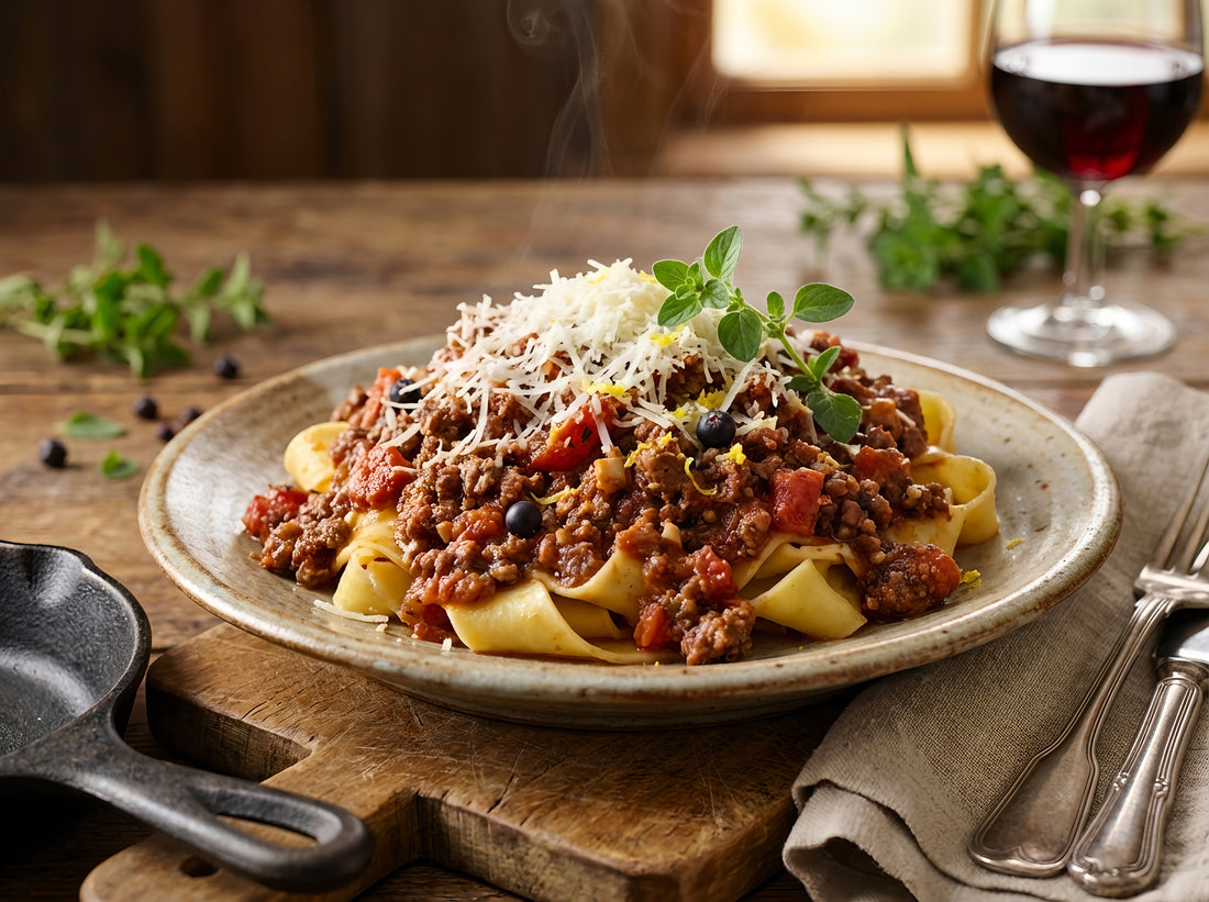 Aromatische Hirsch-Bolognese auf Pappardelle mit Beeren, Kräutern und frisch geriebenem Käse, warm serviert in rustikalem Ambiente