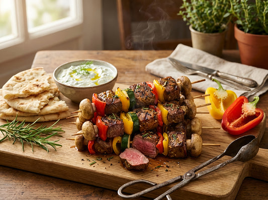 Saftige Hirsch-Wildspieße mit Paprika, Zucchini und Champignons, frisch vom Grill mit Tzatziki und Fladenbrot serviert