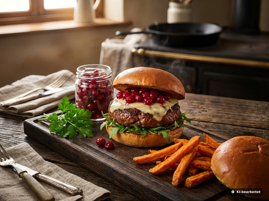 Saftiger Hirschburger mit geschmolzenem Käse, frischen Preiselbeeren und Süßkartoffel-Pommes in rustikaler Küche serviert