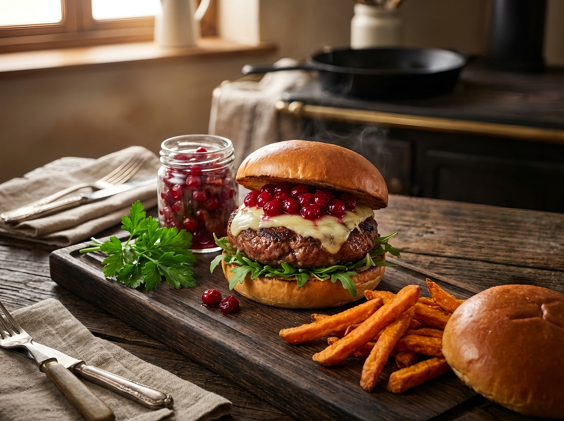 Saftiger Hirschburger mit geschmolzenem Käse, frischen Preiselbeeren und Süßkartoffel-Pommes in rustikaler Küche serviert