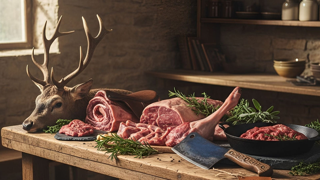 Edles Wildfleisch von Nase bis Schwanz, rustikal angerichtet mit frischen Kräutern und Wurzelgemüse in warmer Küchenatmosphäre