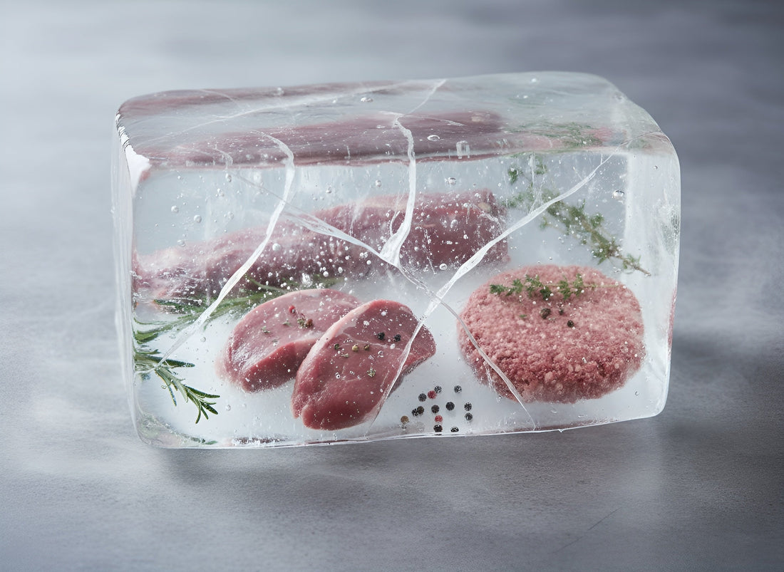 Edles Wildfleisch im Eisblock mit Kräutern und Pfefferkörnern – Symbol für perfekte Lagerung und Frische