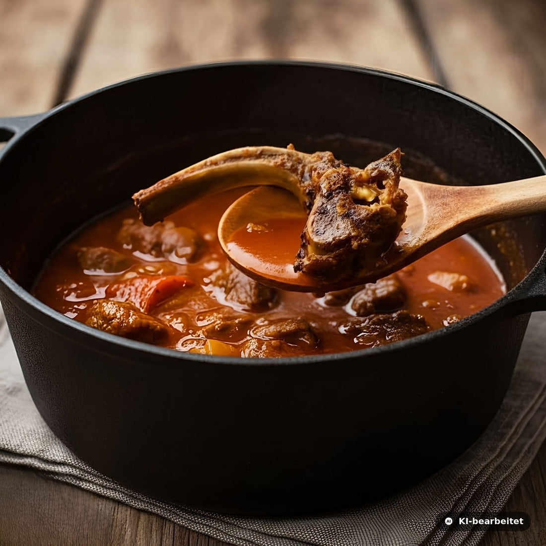 Aromatischer Wildfond mit Knochen, Gemüse und Tomatensauce – langsam gekocht für intensiven Geschmack