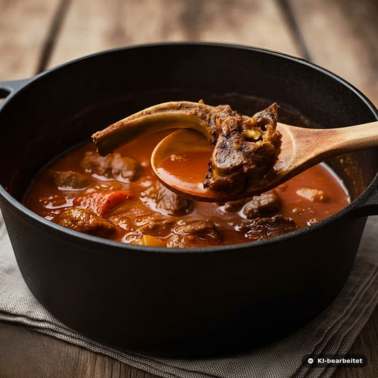Aromatischer Wildfond mit Knochen, Gemüse und Tomatensauce – langsam gekocht für intensiven Geschmack